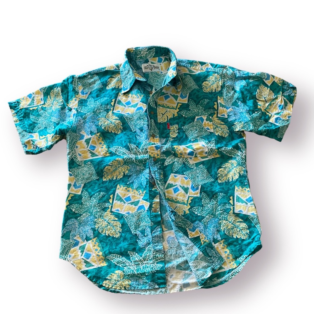 Se Jolie Hawaiian floral Print Short Sleeve Button Down cotton/ramie shirt M